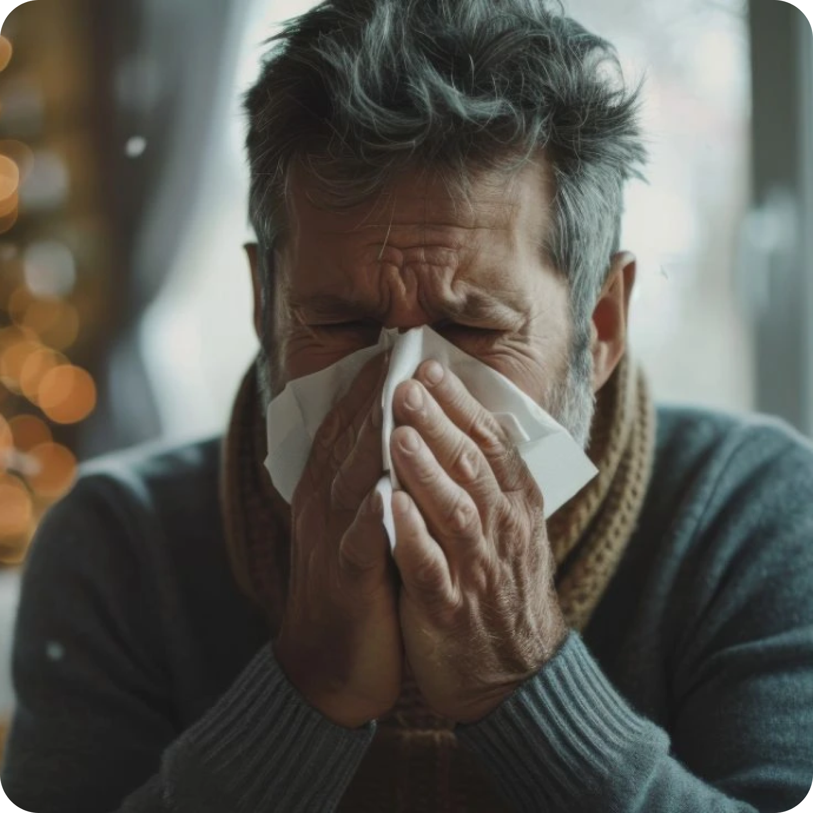 Un hombre de mediana edad con suéter gris sosteniendo un pañuelo en la nariz y boca, con expresión de malestar, sentado frente a un árbol de Navidad con luces borrosas al fondo.