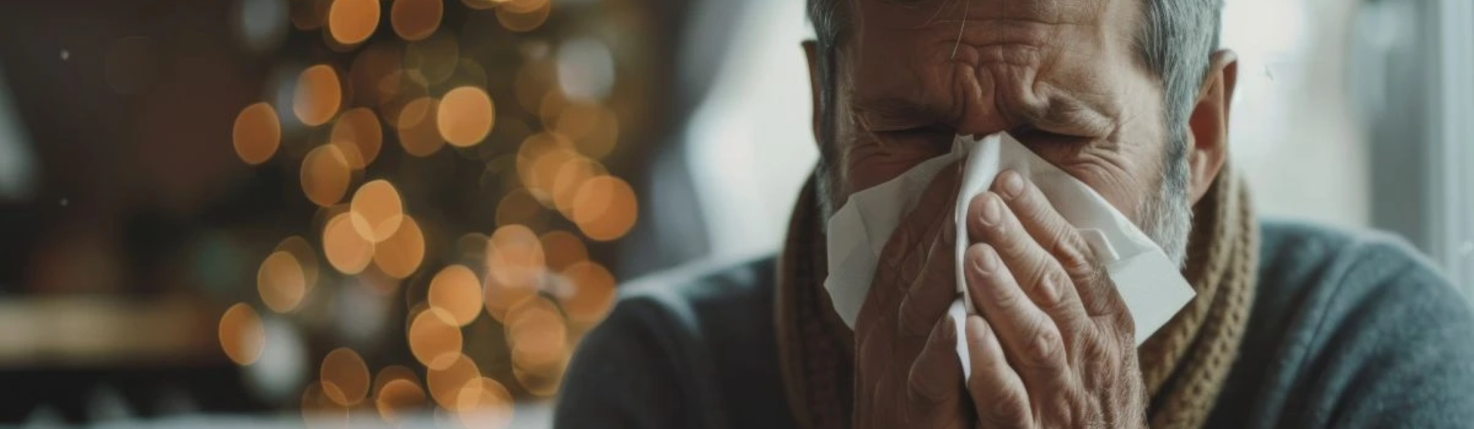 Un hombre de mediana edad con suéter gris sosteniendo un pañuelo en la nariz y boca, con expresión de malestar, sentado frente a un árbol de Navidad con luces borrosas al fondo.