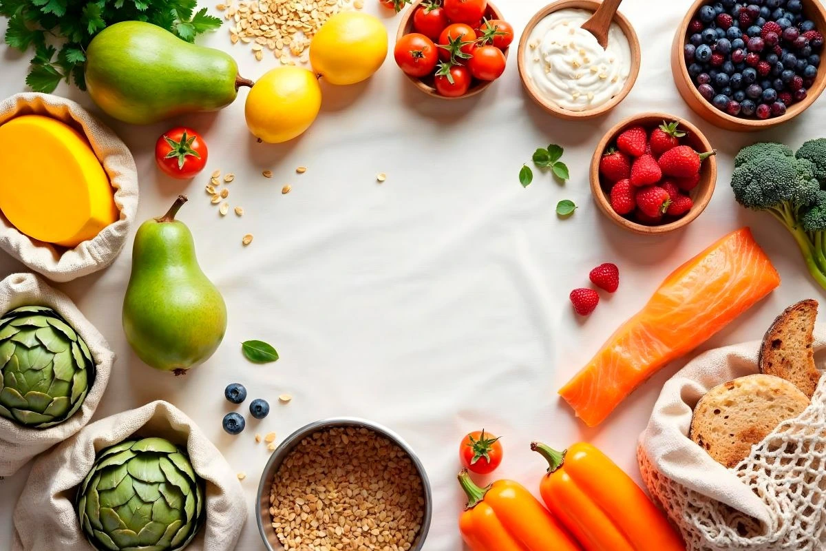 Una composición de alimentos nutritivos organizados en círculo sobre un fondo blanco, incluyendo salmón crudo, brócoli, alcachofas, cítricos, moras y pan integral.